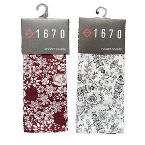 2-Pack, 1670 Pocket Squares Black with White Paisley & Red & White Floral Cotton